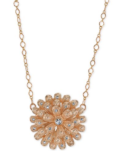 2028 Rose Gold-Tone Crystal Studded Flower Pendant Necklace