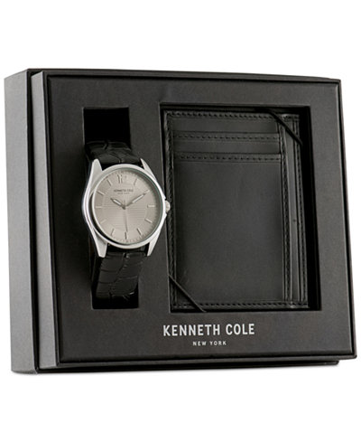 Kenneth Cole New York Men's Black Leather Strap Watch & Wallet Set 42x48mm 10031396