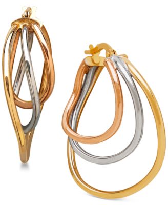 Italian Gold - Tri-Tone Triple Hoop Earrings in 14k White, Yellow and Rose Gold