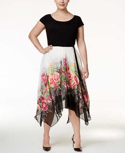 SL Fashions Plus Size Belted Floral Handkerchief-Hem Dress