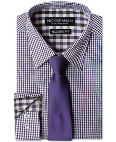 Nick Graham Men's Modern Fitted Gingham Dress Shirt & Solid Tie Set