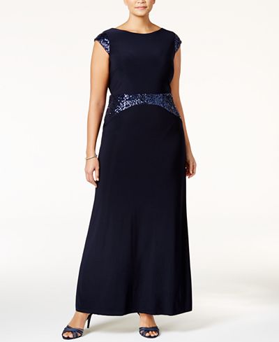 Betsy & Adam Plus Size Sequined Cowl-Back Gown