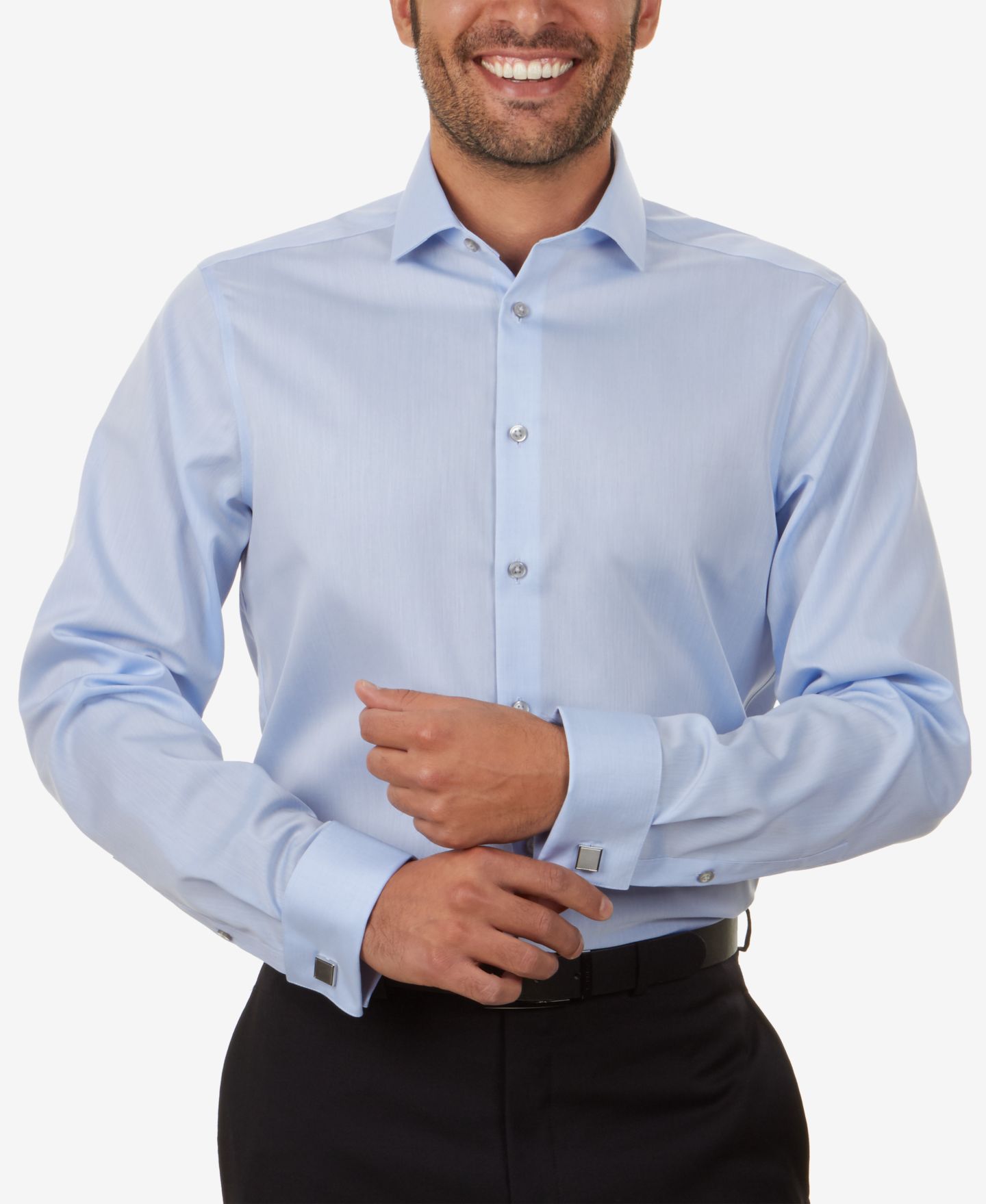 Мужская рубашка Calvin Klein Slim-Fit Non-Iron Herringbone French Cuff Dress Shirt, цвет: Синий — фото 1