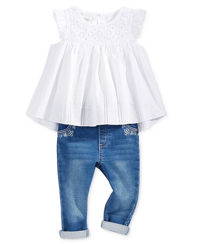 First Impressions Swiss-Dot Tunic & Embroidered Jeans, Baby Girls ...