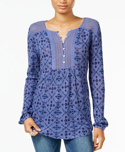 Lucky Brand Printed Crochet-Trim Top