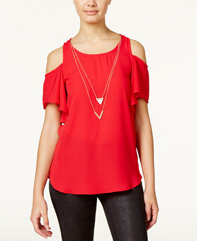 BCX Juniors' Ruffle-Sleeve Cold-Shoulder Top with Necklace