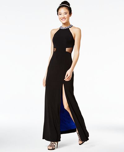 Sequin Hearts Juniors' Embellished Contrast-Lined Gown