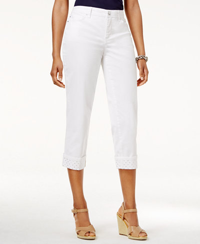 JM Collection Petite Embellished-Cuff Capri Jeans, Only at Macy's