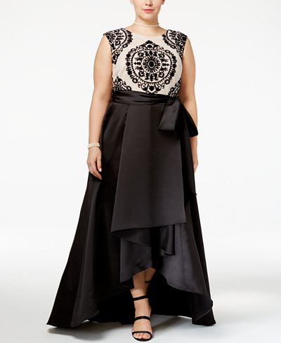 Betsy & Adam Plus Size Lace Satin High-Low Gown