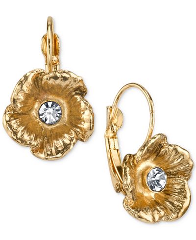 2028 Gold-Tone Crystal Flower Drop Earrings
