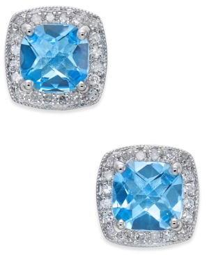 image of Blue Topaz (2 ct. t.w.) and Diamond (1/6 ct. t.w.) Stud Earrings in 14k White Gold