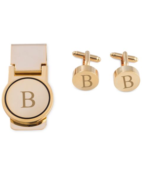 Мужские запонки Bey-Berk Gold-Tone Monogrammed Cuff Links & Money Clip Set