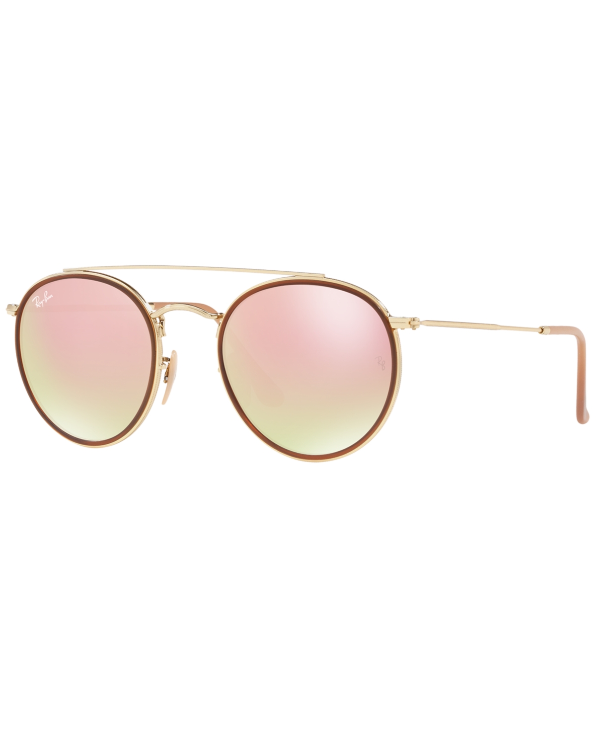 Shop Ray Ban Sunglasses, Rb3647n Round Double Bridge In Gold,pink Mirror