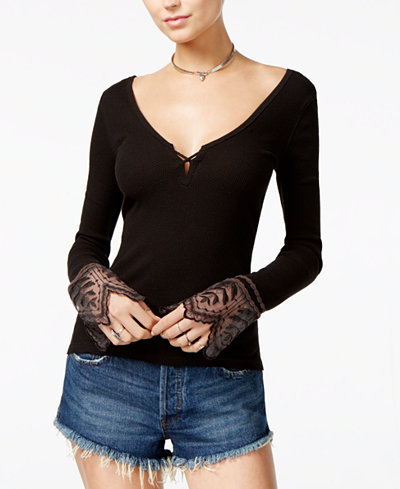 Free People Lace-Trim Bell-Sleeve Top