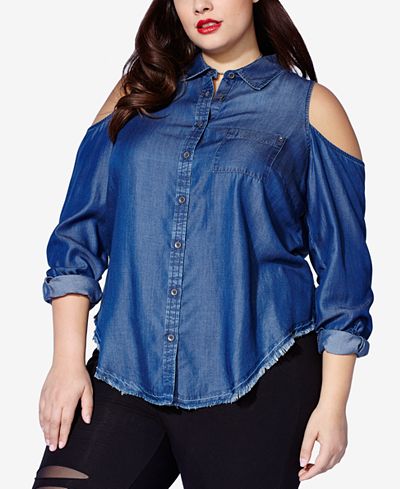 MBLM by Tess Holliday Trendy Plus Size Cold-Shoulder Chambray Shirt