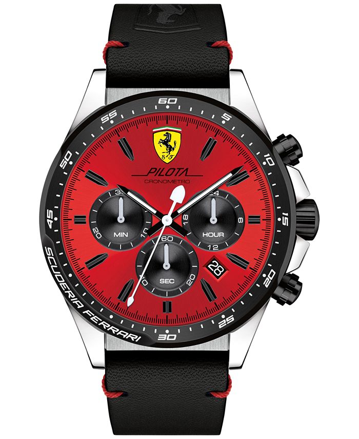 Ferrari Men's Chronograph Pilota Black Leather Strap Watch 45mm 0830387 ...