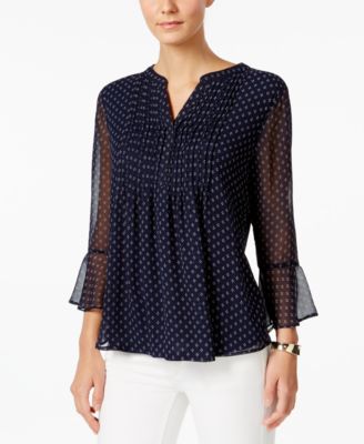 Charter Club - Petite Printed Pintucked Bell-Sleeve Top