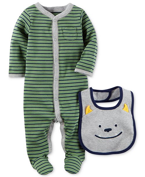 Carter's 2Pc. Cotton Striped Footed Coverall & Bib Set, Baby Boys & Reviews All Baby Kids