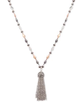 Nine West - Tri-Tone Metallic Bead Long Tassel Pendant Necklace