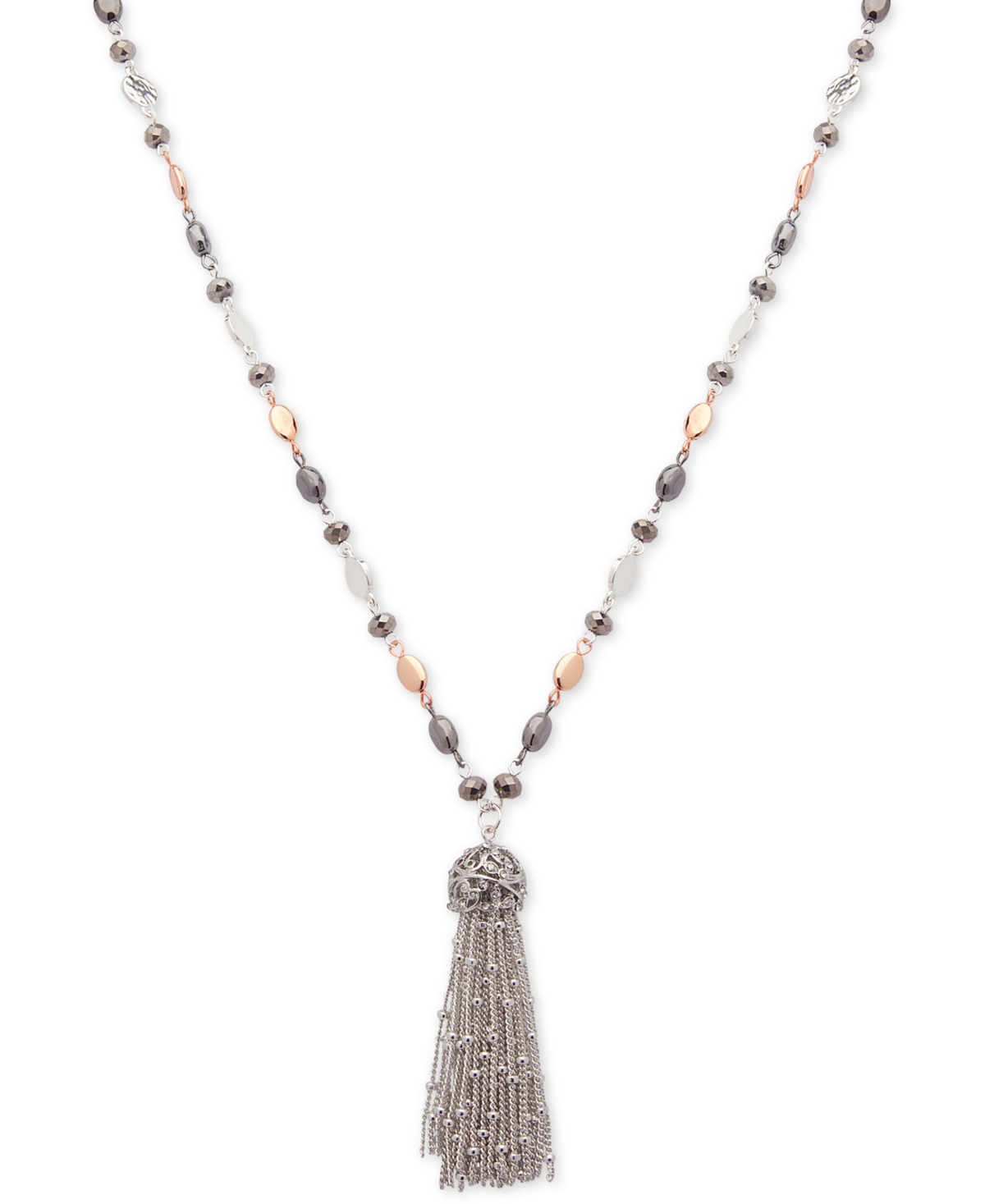 Nine West Tri-tone Metallic Bead Long Tassel Pendant Necklace In Multi