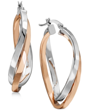 image of Two-Tone Twisted Hoop Earrings in Sterling Silver and 18k Rose Gold Plating