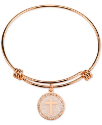 Unwritten - Cross Disc Charm Bangle Bracelet in Rose Gold-Tone Stainless Steel