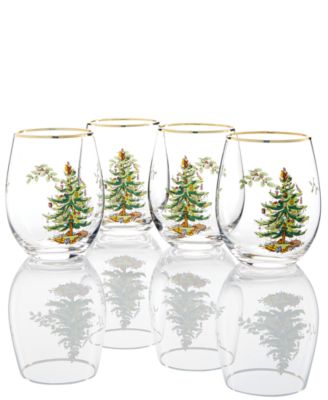Spode - Christmas Tree Stemless Wine Glasses, Set Of 4