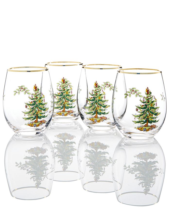 Spode Christmas Tree Stemless Wine Glasses Set of 4 New