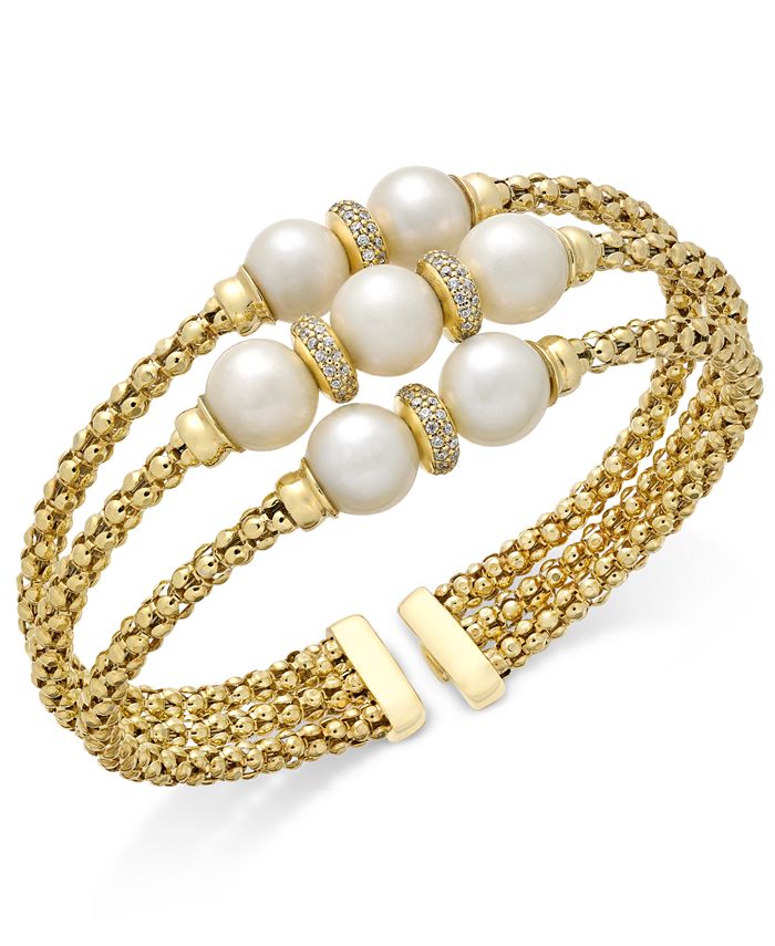 Macy's Cultured Freshwater Pearl (7-9mm) & Cubic Zirconia Openwork Bangle Bracelet in 14k Gold