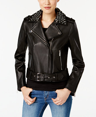 Michael Kors Leather Studded Moto Jacket - Macy's