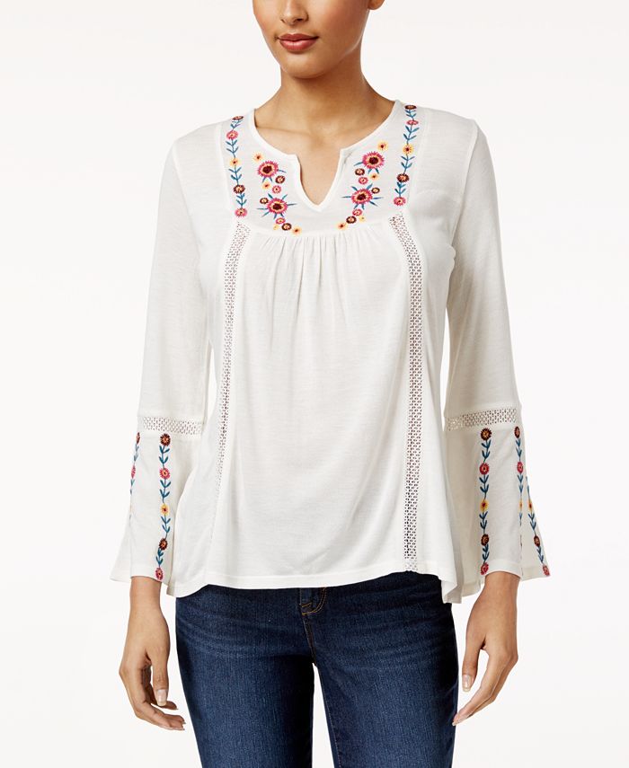 NY Collection Petite Embroidered Bell-Sleeve Top - Macy's