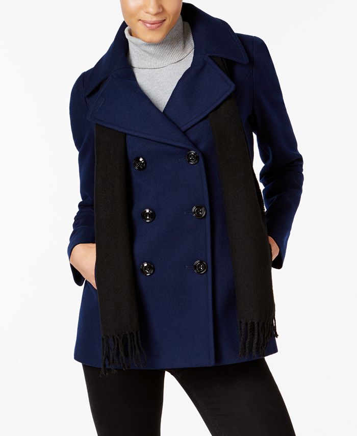 London Fog Double-Breasted Peacoat with Scarf - Macy's