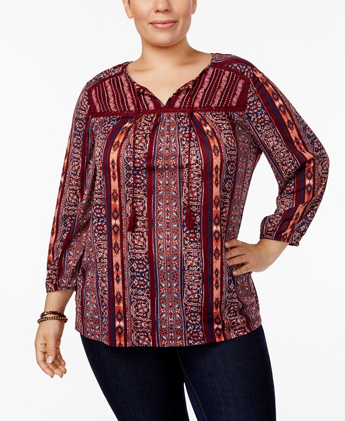 Style & Co Plus Size Printed Embroidered Peasant Top, Created for Macy