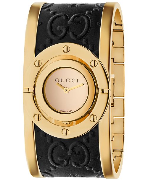 Gucci Women S Swiss Twirl Gold Tone And Black Guccissima Leather Bangle Bracelet Watch 23 5mm Reviews All Fine Jewelry Jewelry Watches Macy S