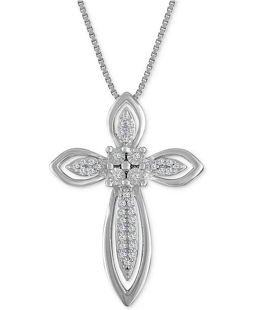 Macy's Diamond Fancy Cross Pendant Necklace (1/10 ct. t.w.) in Sterling