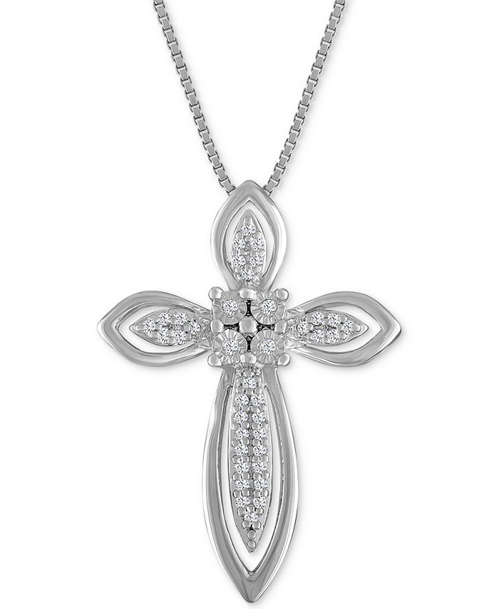 Macy's - Diamond Fancy Cross Pendant Necklace (1/10 ct. t.w.) in Sterling Silver