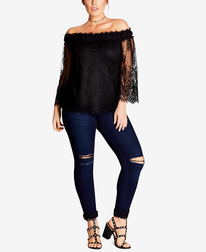 City Chic Trendy Plus Size Off-The-Shoulder Lace Top - Macy's