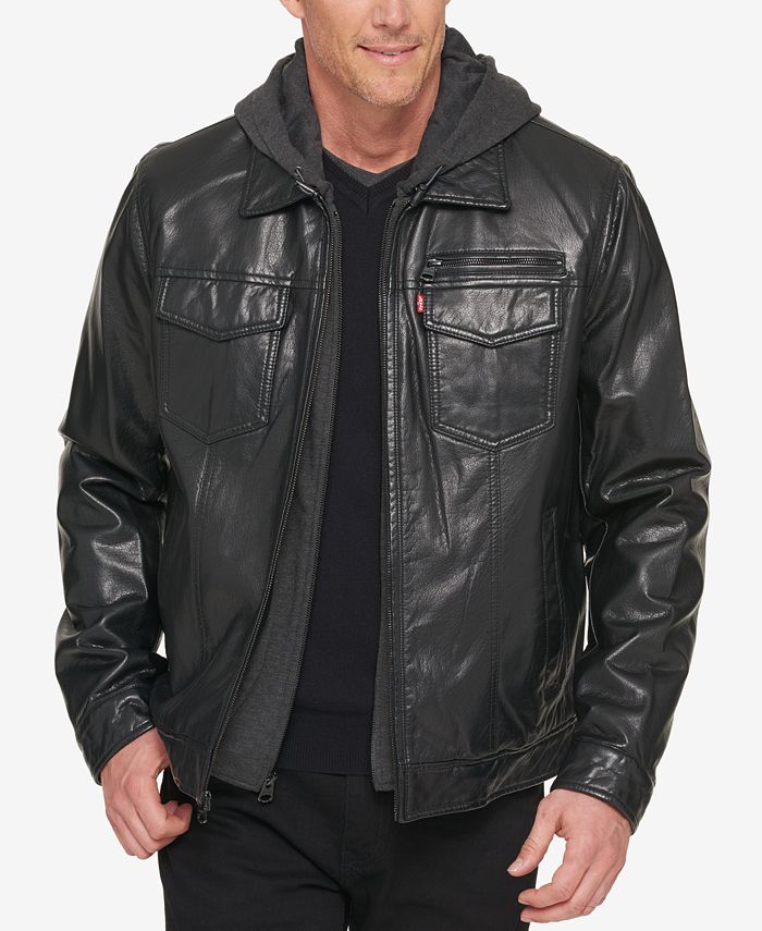 Levi's Men's Faux Leather Trucker Jacket with Bib & Hood - Macy's