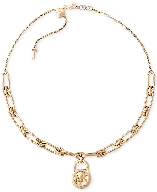 Michael Kors Gold-Tone Stainless Steel Padlock Charm Collar Necklace ...
