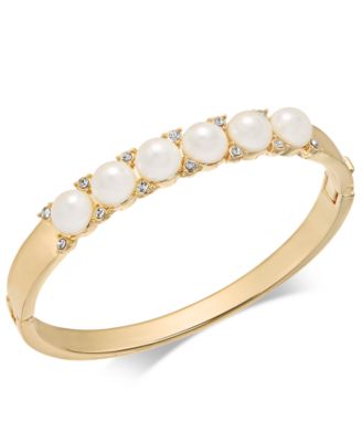 Photo 1 of Charter Club Gold-Tone Pavé & Imitation Pearl Hinged Bangle Bracelet, 