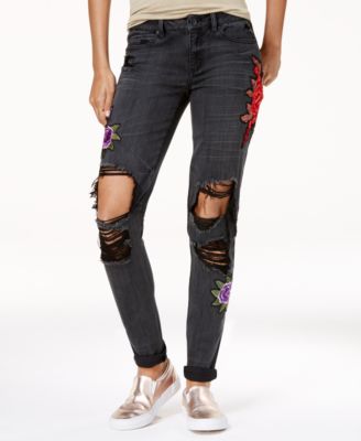Rewash - Juniors' Rose-Patch Ripped Classic Skinny Jeans