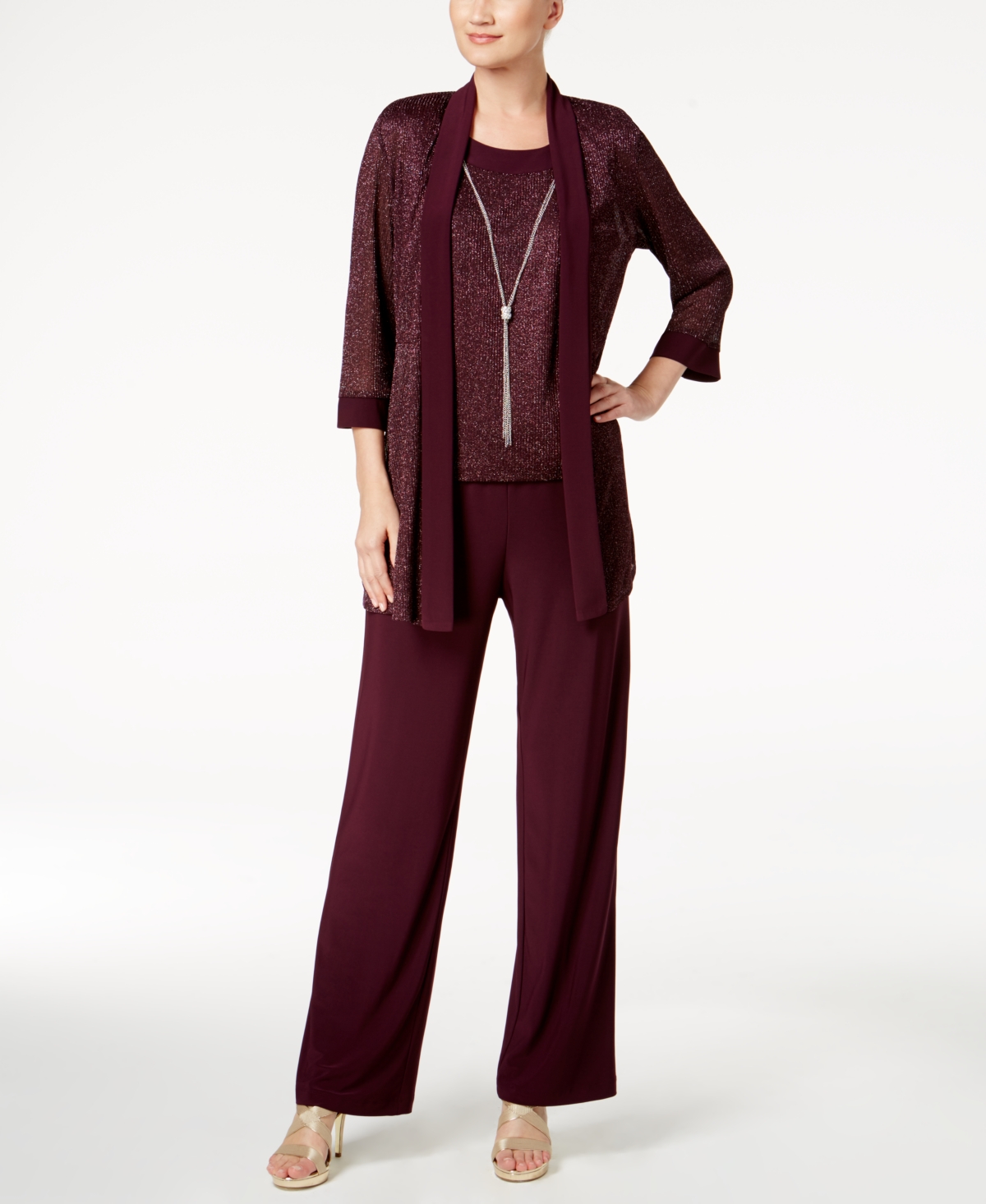R & M Richards Metallic Pantsuit, Shell Necklace Set