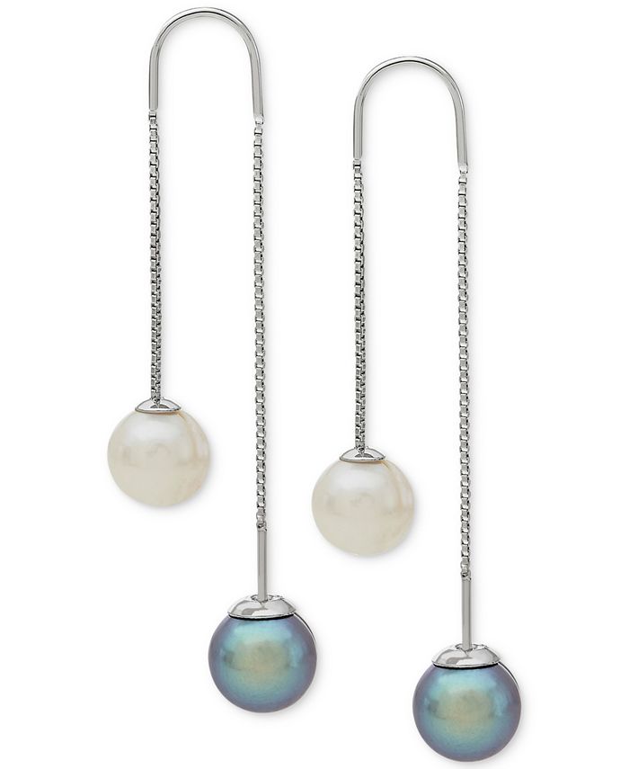 Arabella - Gray and White Cultured Freshwater Pearl (8mm) Threader Earrings in Sterling Silver (Also Available in Blush and White)