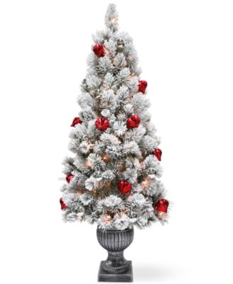 National Tree Company - 5' Snowy Bristle Pine Entrance Tree In Pot With Ornaments & 100 Clear Lights