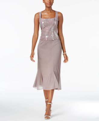 Abito Due Pezzi Da Sera Alex Evenings Con Giacca Ricamata - Scollo A Barca, Maniche Corte, Vestito Midi Per Madre Della Sposa, Ospite Matrimonio, Taglia 12P, Color Taupe