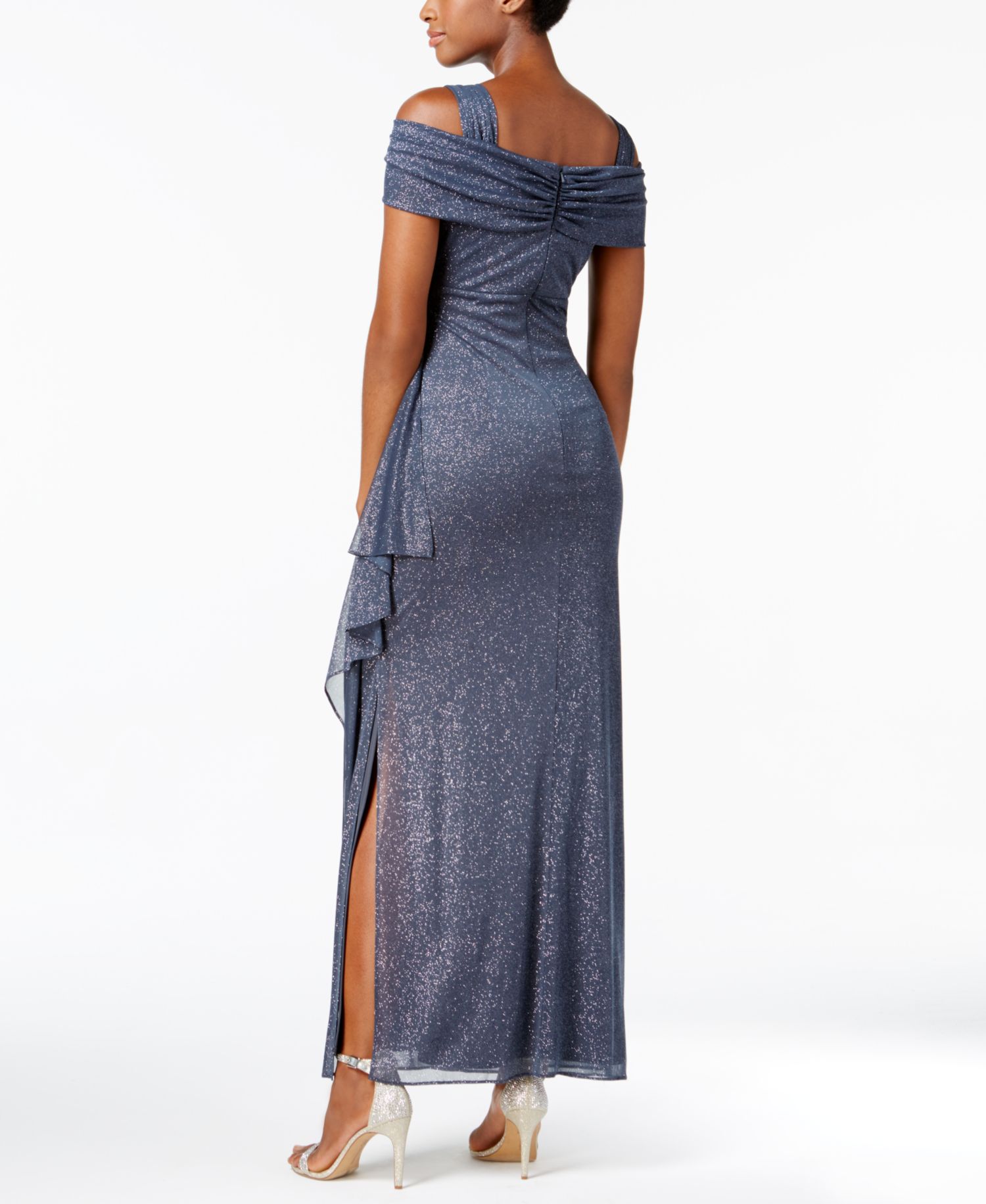 Women's Cold-Shoulder Draped Metallic Gown