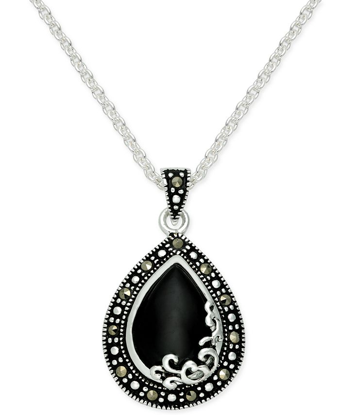 Macy's Onyx (1-1/5 ct. t.w.) & Marcasite Pendant Necklace in Silver ...