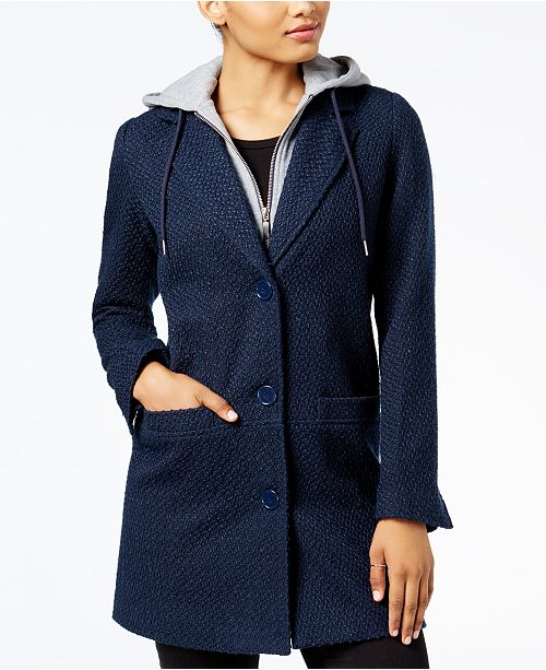 Double Pocket Button Hooded Boyfriend Coat main image 1