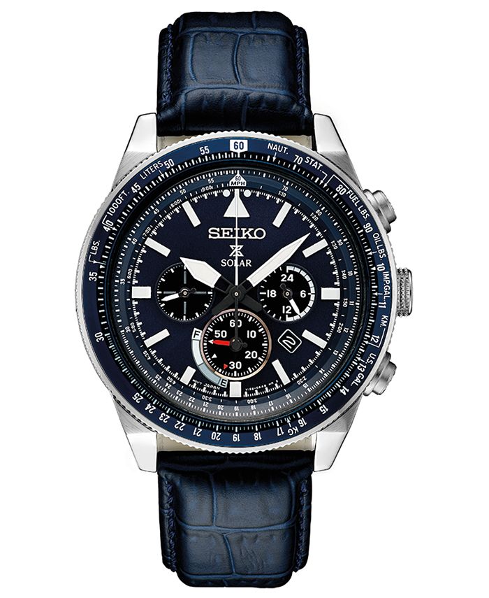 Seiko Men's Solar Chronograph Prospex Blue Leather Strap Watch 45mm ...