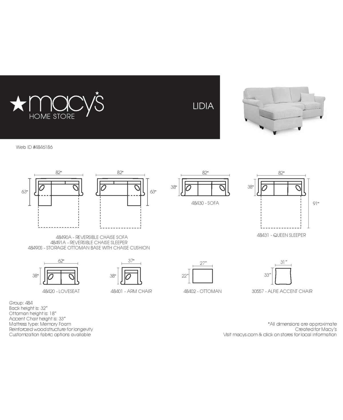 MACY'S LIDIA FABRIC OTTOMAN, CREATED FOR MACY'S 